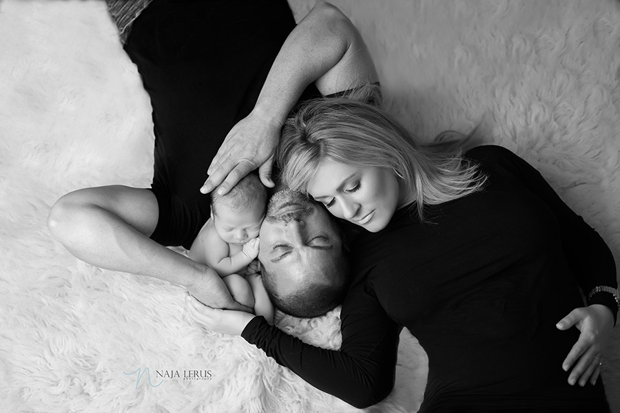 black and white newborn parents pictures chicago timeless modern