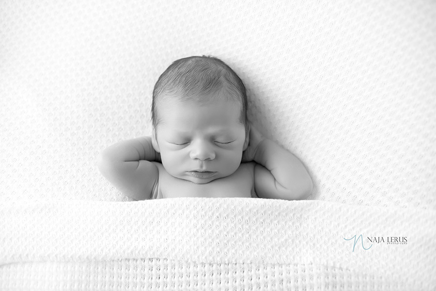 black and white newborn photography sleepy baby chicago pose